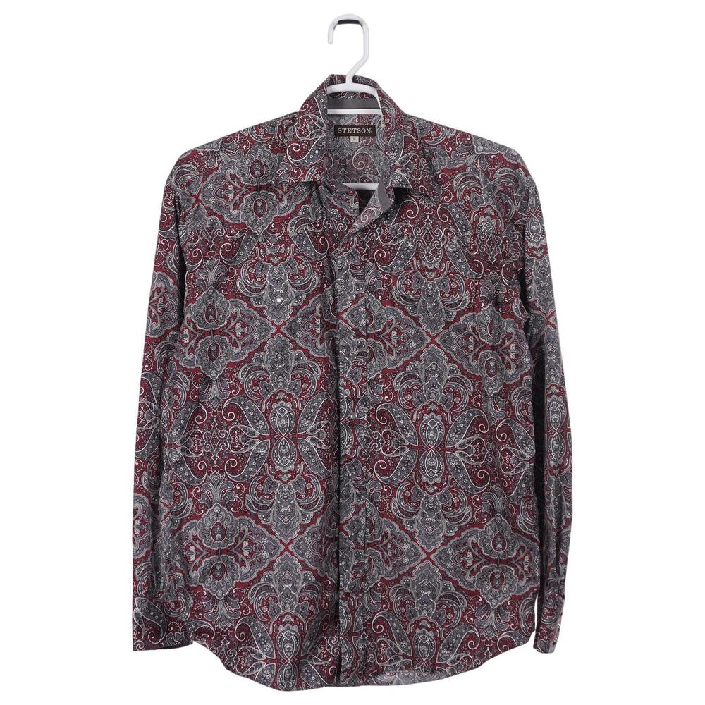 Stetson Shirt Men L Red Gray Paisley Pearl Snap Button Long Sleeve Western